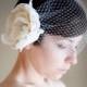 Birdcage Wedding Veil with Crystal Peony Floral Bridal Headpiece (Bandeau Birdcage Veil, Russian Netting Veil, Pearl Crystal Flower)