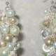Cascading Dangle Pearl Crystal Wedding Earring - Elegant  SPARKLING Champagne Pearls on  ICE-  Spiral  Cluster  Hand Knit Earrings