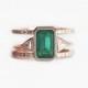 Emerald Engagement Ring, Emerald Wedding Ring Set, Rose Gold Diamond Set, Rose Gold Wedding Ring Set, Set of 2 Rings