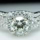 Round Diamond Halo Engagement Ring 14k White Gold & Matching Wedding Band Complete Bridal Set Diamond Engagement Ring