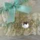 Bridal Garter Set, Aqua Blue And Ivory Chantilly Lace Garter