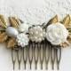 White Wedding Comb Gold Leaf Bridal Hair Accessories Rhinestone Crystal Pearl Hair Pin Downton Abbey Inspired The Great Gatsby Hair Slide
