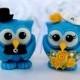 Dazzling blue owl wedding cake topper, customizable love birds with banner