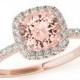 Round Morganite & Cushion Diamond Halo Engagement Ring 14k Rose Gold - Morganite Engagement Rings for Women