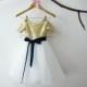 Short Sleeves Gold Sequin Ivory Tulle Flower Girl Dress Junior Bridesmaid Wedding Party Dress with navy blue sash M0011