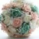 Wedding bouquet shabby chic, rustic, ivory, mint and peach with and baby's breath and lace made to order