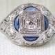 Art Deco Platinum Diamond and Blue Sapphire Engagement Ring 1.05 Carats