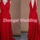 V-neck evening dress, long bridesmaid dress, special designed dress, red dress, front and back panel removable, bows on shoulders, V back