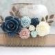Big Rose Hair Comb Romantic Floral Collage Navy Blue Rose Cream Ivory Flower Hair Piece Blush Pink and Blue Leaf Bridal Comb Bridemaid Gift