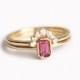 Engagement Ring Set, Tourmaline Ring With Diamond Crown Ring, Diamond Wedding Set with Pink Tourmaline Ring, Emerald Cut Ring, 18k Gold