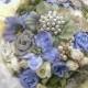 Brooch Bouquet, Periwinkle, Blue, Ivory, Silver, Cream, Green, Vintage Wedding, Jeweled, Feather Bouquet, Pearls, Crystals, Lace