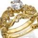 Leaves Engagement Set Yellow Gold conflict free diamonds, Wedding Set, Art Deco ring, jewelry set, Gold Set Ring, Diamond set ring