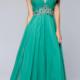 Green Open Back Chiffon Sleeveless A-line High-neck Ruched Crystals Floor Length