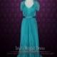 Teal Grecian Lace V neck Formal Prom Evening Dress with Sleeves 