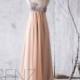 2016 Tan Bridesmaid dress Long, Silver Sequin Neck Spaghetti Strap Wedding dress, Empire Waist Prom dress, Backless Formal dress (HQ058)