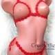 Sexy crochet red open harness bra & thong, g-string, erotic lingerie, panties,gift for her,beach party, Brazilian Bikini