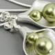 Pearl Bridesmaid Earrings SET OF 5 - 10% OFF - Swarovski Green Pearl Drop Earrings - Pearl Bridesmaid Jewelry - Silver Calla Lily Earrings