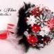 Satin wedding bouquet tulle ribbon rhinestone brooches metal black red white kanzashi pearls strings brooches grey feathers flowers