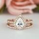 1.5 Ctw Classic Halo Engagement Ring, Pear Wedding Set, Man Made Diamond Simulants, Half Eternity Ring, Sterling Silver, Rose Gold Plated