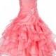 Elegant Stunning Rhinestone Coral Organza Pleated Ruffled Flower girl dress wedding birthday party toddler size 4 6 8 10 12 14 16 