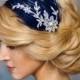 Blue Wedding fascinator, navy blue and silver lace feather headband, Prom,Bridesmaids- Melody