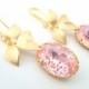 Pale pink 18x13 swarovski oval crystal bezel framed earrings designed gold leaf and cz stone detail hook earwire wedding jewelry