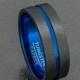 Tungsten Wedding Band Two Tone 8mm Black Mens Ring Center Blue Groove Flat Edge Comfort Fit