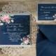 Navy Blue Floral Silver Laser Cut Invitations EWWS090