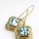 Aqua blue jewel earrings bridal vintage brass victorian crystal glass