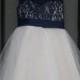 Ivory Dress &Navy blue lace Navy blue ribbon Wedding Flower Girls Dress Tulle Rustic Baby Birthday Dress