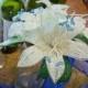 Silver and white lilies wedding bouquet blue heart center, faux flowers, fresh alternative