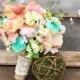 Mint Peach and Ivory Rustic Country Bridal Bridesmaid Flowers Bouquet With Burlap and Lace
