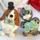 Custom wedding cake topper, dog and cat cake topper, touching heads bride and groom, Basset Hound dog and grey tabby cat, with banner