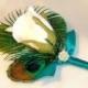 Peacock Wedding Boutonniere, White Rose Bud, Peacock Eye Feather and a Peacock Sword Feather