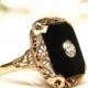 Antique Edwardian Onyx & Diamond Ring 0.20ct European Cut Diamond Antique Engagement Ring 10K Gold Filigree Antique Diamond Wedding Ring!