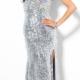 Sweetheart Lace Up Satin Split Front Crystals Sequins Silver Floor Length