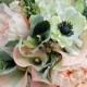 Bridal Bouquet, handmade, peach, pink, cream, anemone, calla lily, apple blossom, peony, wild berries, lisianthus, dusty miller, 'Savanna'