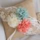 Rustic Burlap Ring Bearer Pillow - Peach and Mint Wedding Pillow - Lace Pillow