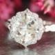 White Topaz Diamond Engagement Ring in 14k White Gold Vintage Floral Scalloped Diamond Wedding Band 8x8mm Cushion Gemstone Ring