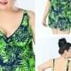 Green High Waist Leaf Printed Sexy Halter One Piece Plus Size Swimsuit With Little Skirt