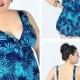 Blue High Waist Leaf Printed Sexy Halter One Piece Plus Size Swimsuit With Little Skirt