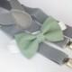 Sage green bow-tie & Light gray elastic suspender set, Adjustable neck strap and suspender, suspender and bow tie