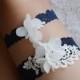 blue bridal garter, wedding garter, something blue garter, white chiffon rose lace garter