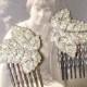 1920s Hair Comb PAIR, Art Deco Pave Rhinestone Silver Leaf Bridal Head Piece, Vintage Wedding Dress Clip 20s Flapper Jewelry Downton Abbey