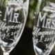 Personalized Mr and Mrs Champagne Toasting Flutes for bride and groom's beach theme destination wedding, Set of 2