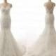Sexy V-Back Bridal Gowns Handmade Appliqued Tulle Mermaid Wedding Dress White/Ivory Cap Sleeve Bridal Dress
