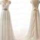 Sexy V-Back Cap Sleeve Handmade Chiffon Bridal Gowns White/Ivory Sweep Train Lace Wedding Dress