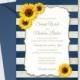 Sunflower Wedding Invitation Printable Template with Navy Blue Stripes. Vintage Wedding Invitations. Rustic Wedding DIY Invites, MS Word.