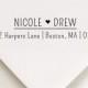 Address stamp with heart between names in printed tall font - Nicole and Drew Design