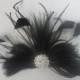 Womens Wedding Party Ivory Black Feather Rhinestone Jewel Netting Hair Clip, Bridal Head Piece